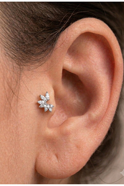 kurukafagift Çelik Piercing Helix Tragus Yarım Ay Zirkon Taşlı 8 mm