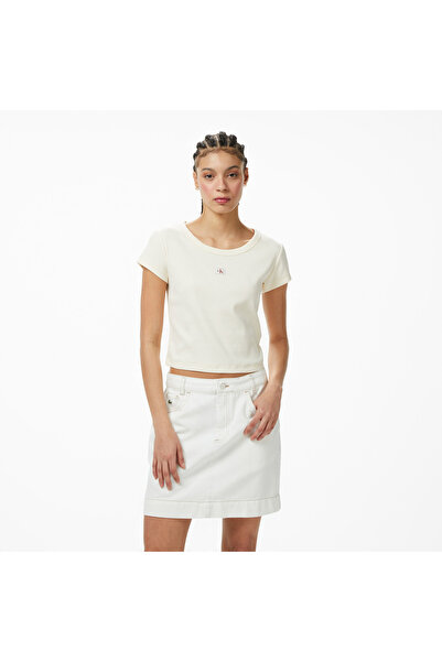 Calvin Klein Woven Label 2X2 Baby Rib Kadın Beyaz T-Shirt