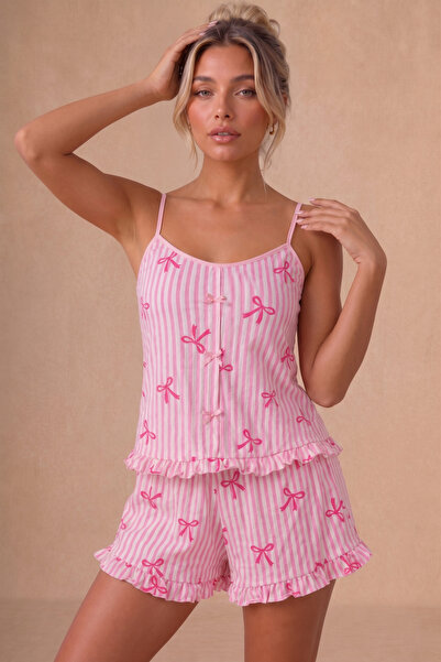 BELLA NOTTE Pembe Çizgili Fiyonk Detaylı Askılı Şortlu Pijama Takımı