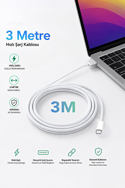 Nezih Case Macbook USB-C - MagSafe 3 Hızlı Sarj Özellikli Sarj Aleti (3 Metre)