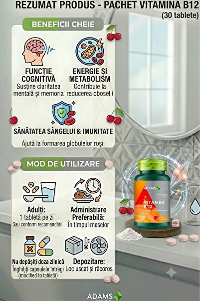 Adams Supplements Supliment Alimentar Vitamina B12 500mcg, 30 Capsule, pentru Memorie, Concentrare și Sănătate Neuro-Musculară, Produs Vegan