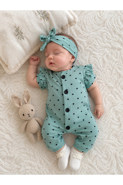 minilkabebe kalpli düğmeli kısa kol tulum+bandana yeşil