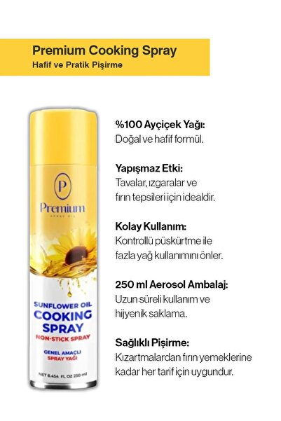 Premium Cooking Spray, Hafif ve Pratik Pişirme Ayçiçek Yağı Spreyi 250 ml