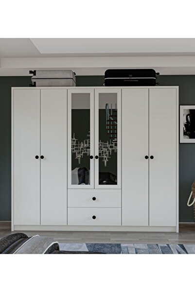 Metalia Gm 036 Lüx Düğme Kulplu 6 Kapı 2 Çekmeceli Aynalı Gardırop
