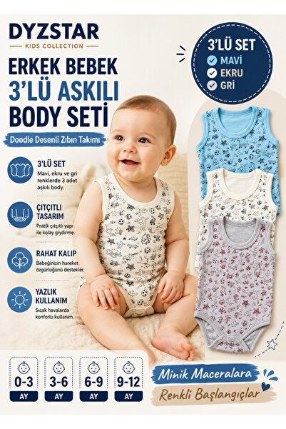 DYZSTAR Baby Boy 3-Piece Strap Body Set Doodle Patterned Snap-On Bodysuit Set...