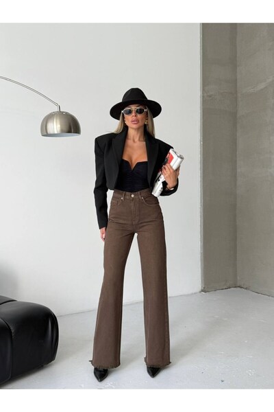 HerTon High Waist Wide Leg Tasseled Cotton Jean Trousers