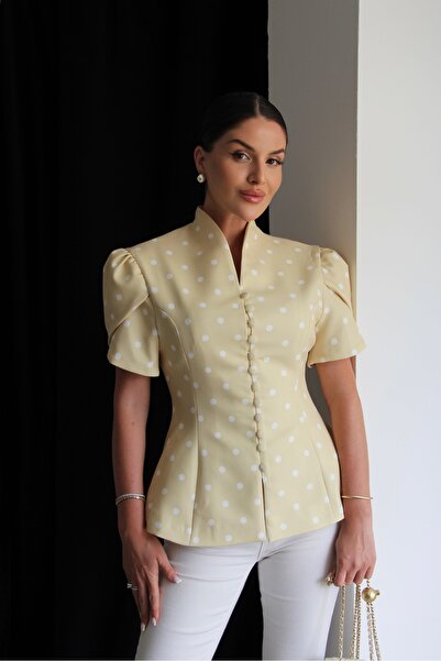 Julidress Jachetă blazer premium galbenă cu buline, cu detalii cu nasturi și ...
