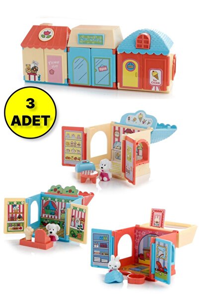 TOYFEST 3 lü 8 CM Mini Hayvan Evleri - Çiçekçi Dükkanı - Dondurma Dükkanı - S...