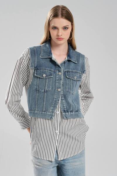 tw3 Women's Denim Vest Detailed Striped Fabric Design Shirt