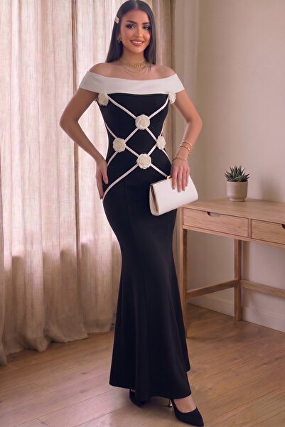 ALFUDO Moda Collection فستان سهرة مزين بالزهور من إليزا فستان أسود