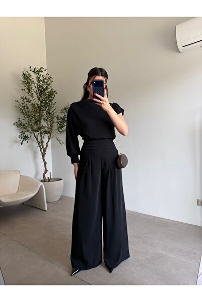 Bade Butik Black Single Sleeve Pleated Palazzo Suit