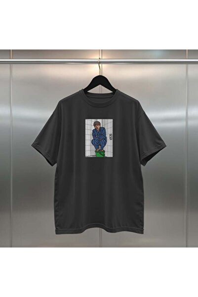 buzagi Yellow Mustache Digital Print Black and White Oversize Unisex T-Shirt