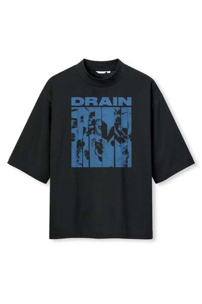 buzagi tasarım ürünleri Drain Digital Print Oversize Black Unisex T-Shirt