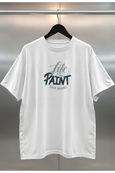 buzagi tasarım ürünleri Life Is Art Digital Print Oversize Unisex White T-Shirt