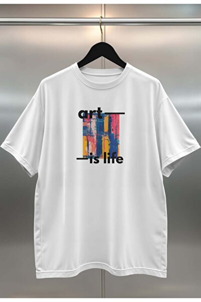 buzagi Art Is Life Digital Print Oversize White Unisex T-Shirt