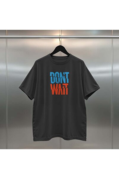 buzagi tasarım ürünleri Don'T Wait Oversize Digital Printed Black T-Shirt