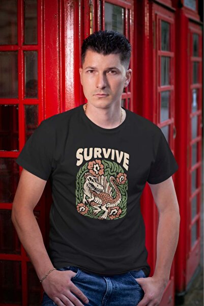 buzagi tasarım ürünleri Survive Regular Fit Black T-Shirt