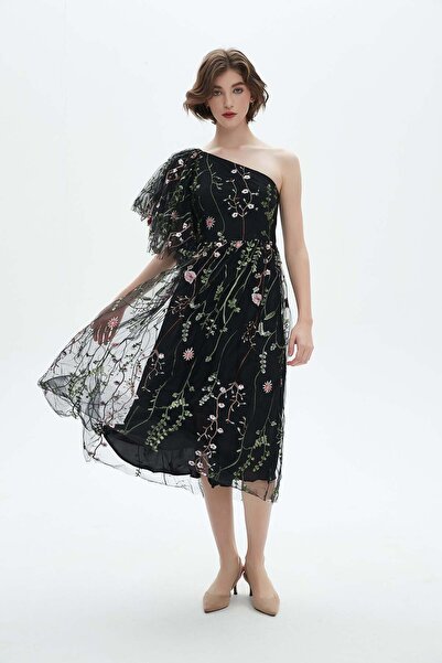 Nichii One-Shoulder Midi Dress with Floral Chiffon Details