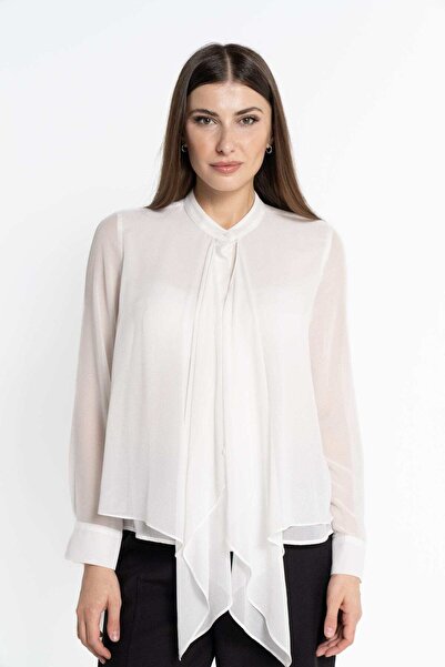 Nichii Women's Solid Long Sleeve Blouse with Neck Tie
