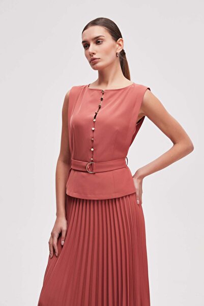 Livia Women's Cropped Plain Sleeveless Belted Blouse