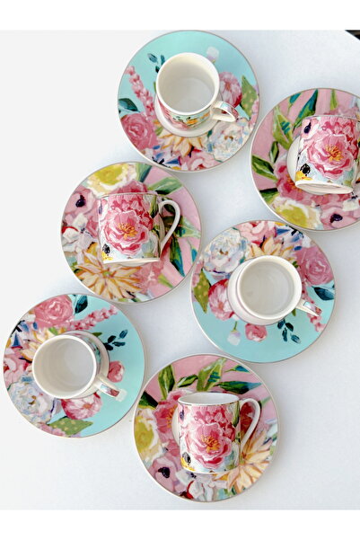 Lucky Art Peony Desenli 6 lı Bone China Porselen Kahve Fincanı seti 100 ml