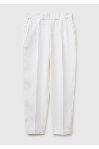 United Colors of Benetton Women's White 100% Linen Elastic Waist Trousers