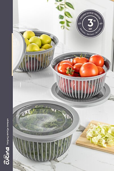 Stile Cucina Linea 3 - 3 Pieces 3 Liters Gray Round Leak-proof Cookie and Fru...