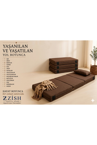 zishtekstil Kahverengi Katlanır Sünger Misafir Yer Yatağı ve Balkon Minderi 7cm