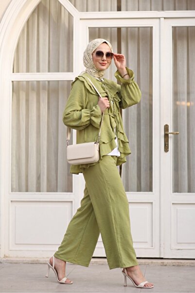 HİJABAYA Lace-Up Front, Folded Collar, Elastic Sleeves, Lined Pants, Loose Fi...