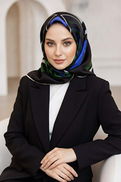 100% Twill Silk Square Pattern Emerald Green - Saxe Color 90x90 Scarf Edge Stitching Shape Hand Stitched