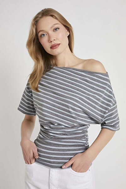 Arma Life Armalife 1814 Striped Boat Neck Women's Blouse with Drawing Detail