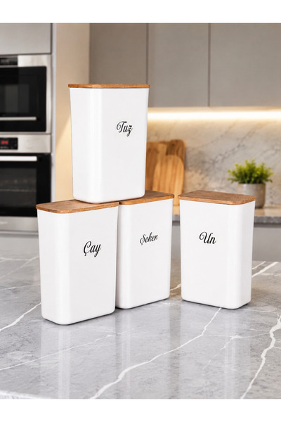mafa home 4-Piece Wooden Vacuum Lid White Acrylic Tea Sugar Salt Flour Food S...