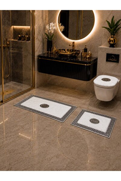 SANCAK DERİ HALI LÜKS GÜMÜŞ VARAKLI EKRU PELUŞ BANYO SETİ