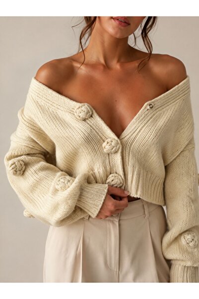 OYERGA MODA Kadın Gül Detay Crop Hırka