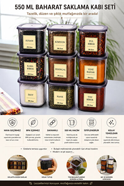 Stile Cucina 6-Piece Square Food Storage Container Spice Rack Set 0.55 Liter 20 Tags Gift Anthracite