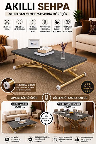 SEHPAM AKILLI Akıllı Sehpa Home Üst Tabla Mdf Alt Mekanizma Gold Kaplama