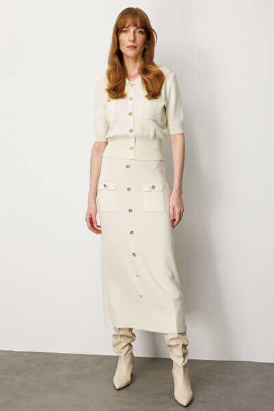 Generic Brand Fusta midi din tricot cu nasturi ornamentale
