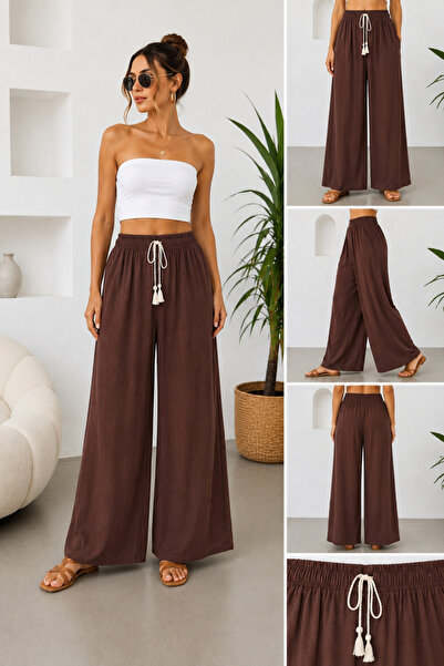 Urban Mix Women's Aerobic Linen High Waist Elastic Wide Leg Summer Casual Pants