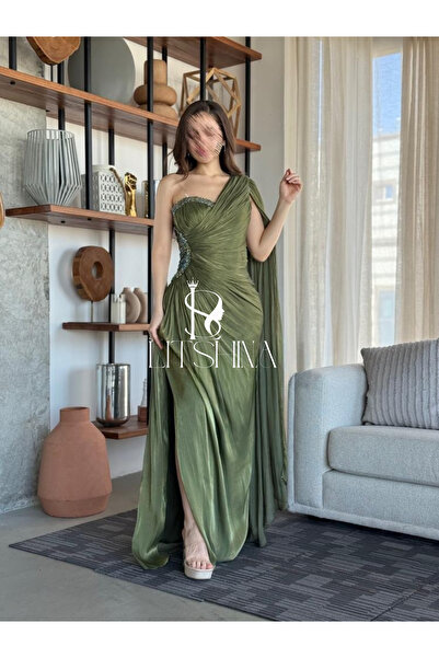 LITSHINA One Shoulder Green Evening Dress with Soft Shawl and Shiny Embroider...