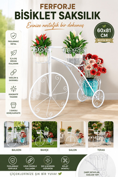 Olgun Home Paslanmaz Ferforje Bisiklet Saksılık Beyaz Çiçeklik 60x81 cm Dekor...