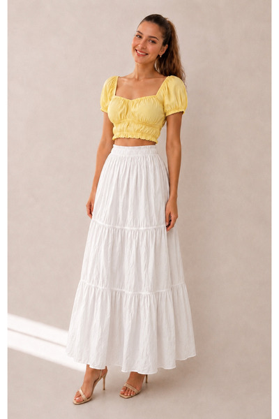 Kahra Collection Fusta lungă, plisată, cu căptușeală, din voal de viscoză albă.