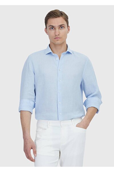 Ramsey Blue Plain Casual Fit Long Woven Casual 100% Linen Shirt