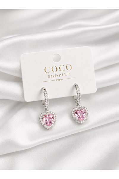 coco shopier Brass Silver Pink Color Zircon Stone Heart Model Women's Earrings