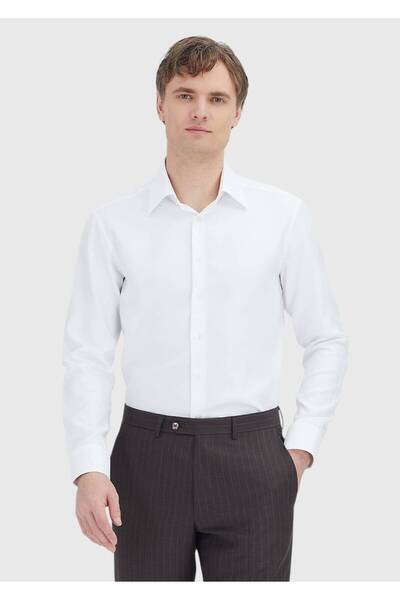 Ramsey White Patterned Regular Fit Long Woven Classic 100% Cotton Shirt