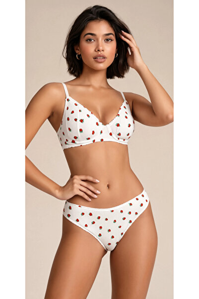 Kadın Çilek Desenli Ribana Doku Destekli Sütyen & Külot Takımı