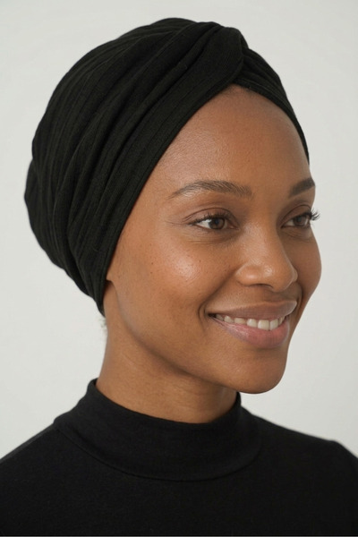elysianfidan Crossed Combed Cotton Lined Black Ready-To-Wear Turban Hijab Pool Cap Suitable for Medical Use