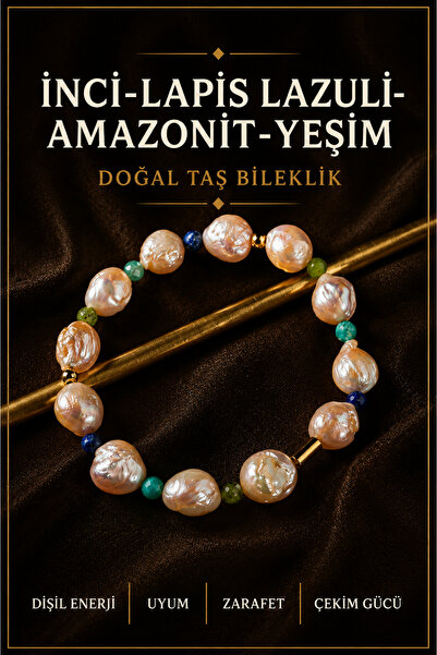 OSMANLI DEĞERLİ TAŞ İnci-Lapis Lazuli-Amazonit-Yeşim Doğal Taş Gümüş Bileklik