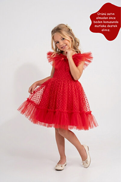 Eray Kids Официална рокля за момичета с набрана яка, пайети и тюл с точки, св...