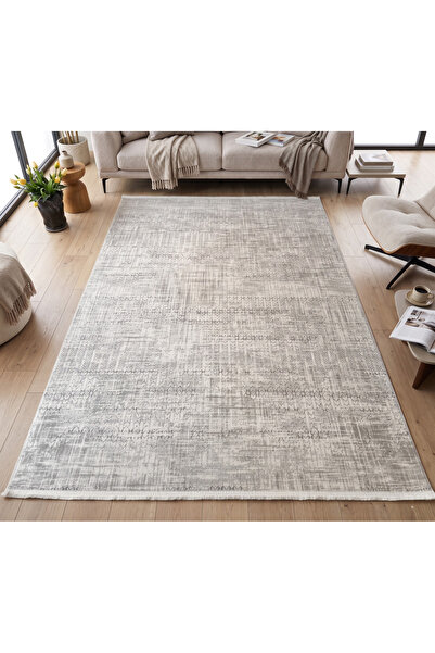 Merinos Vista %100 Akrilik Beyaz Gri Desenli Kesme Modern Halı Yolluk Antre K...