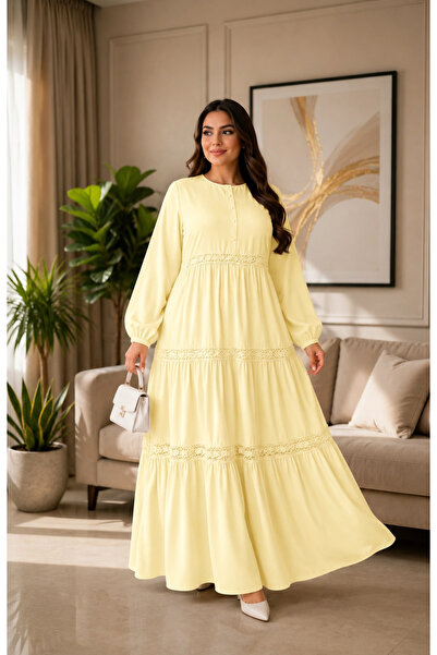 AZRA BUTİK Magnolia Pattern Lace Detailed Dress Yellow